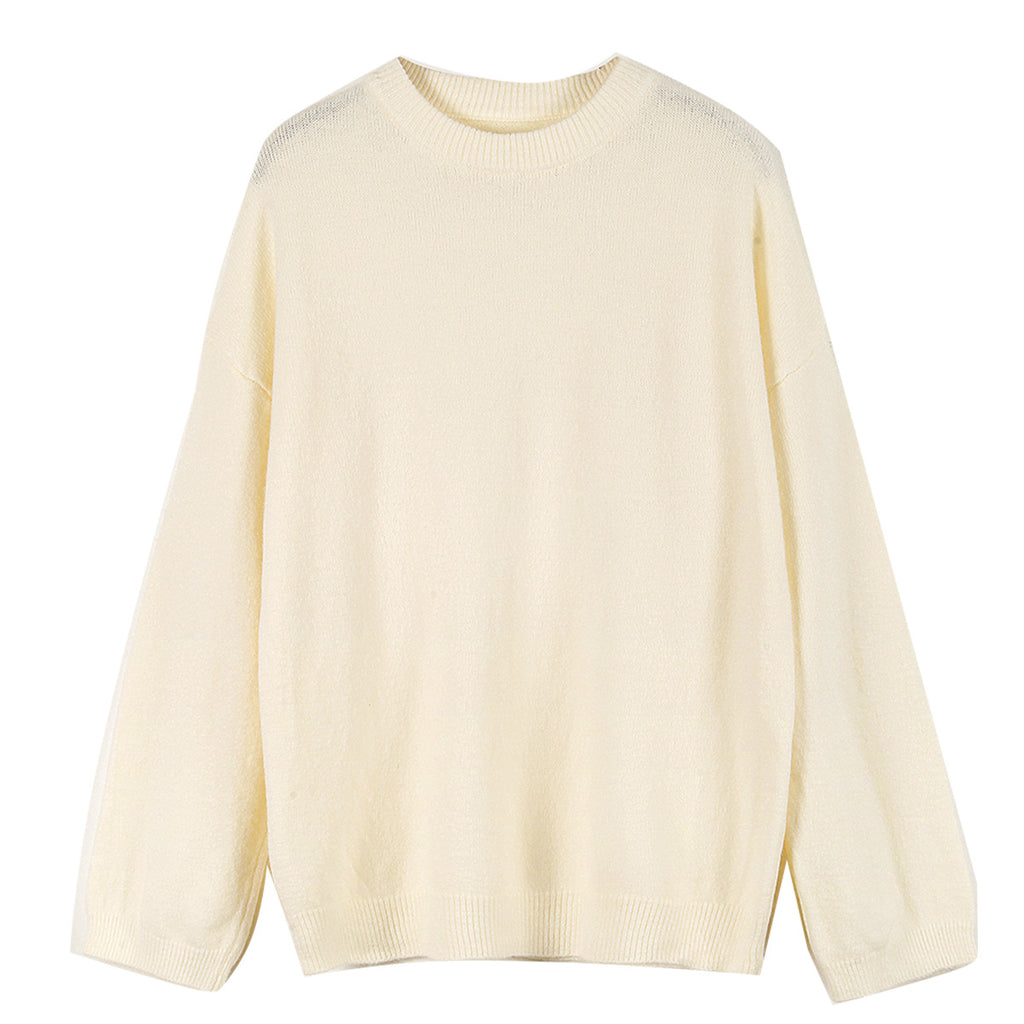 Lazy Soft Style Grey Crew Neck Knit Sweater Women Loose Thickened Merino Wool Pullover