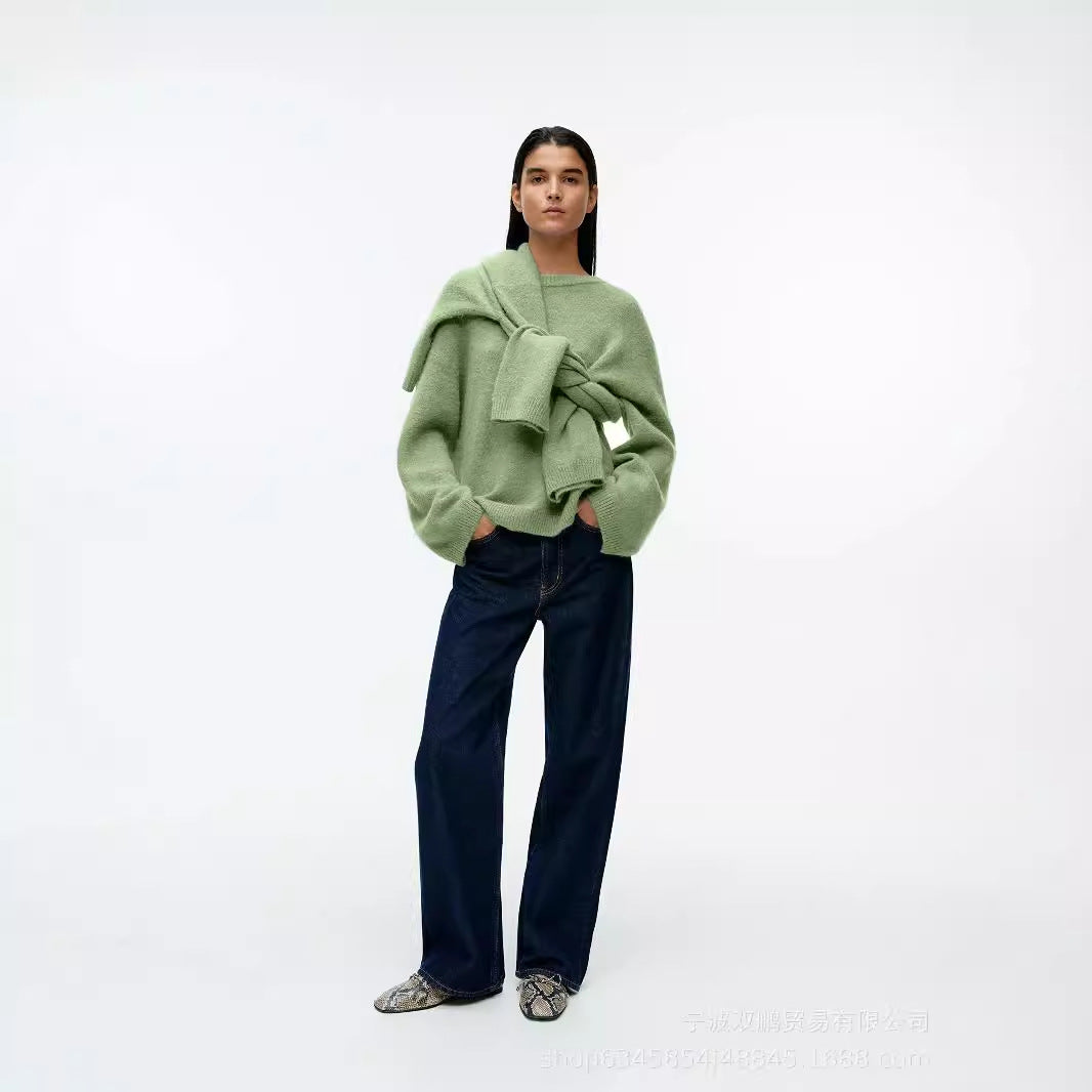Lazy Soft Style Grey Crew Neck Knit Sweater Women Loose Thickened Merino Wool Pullover