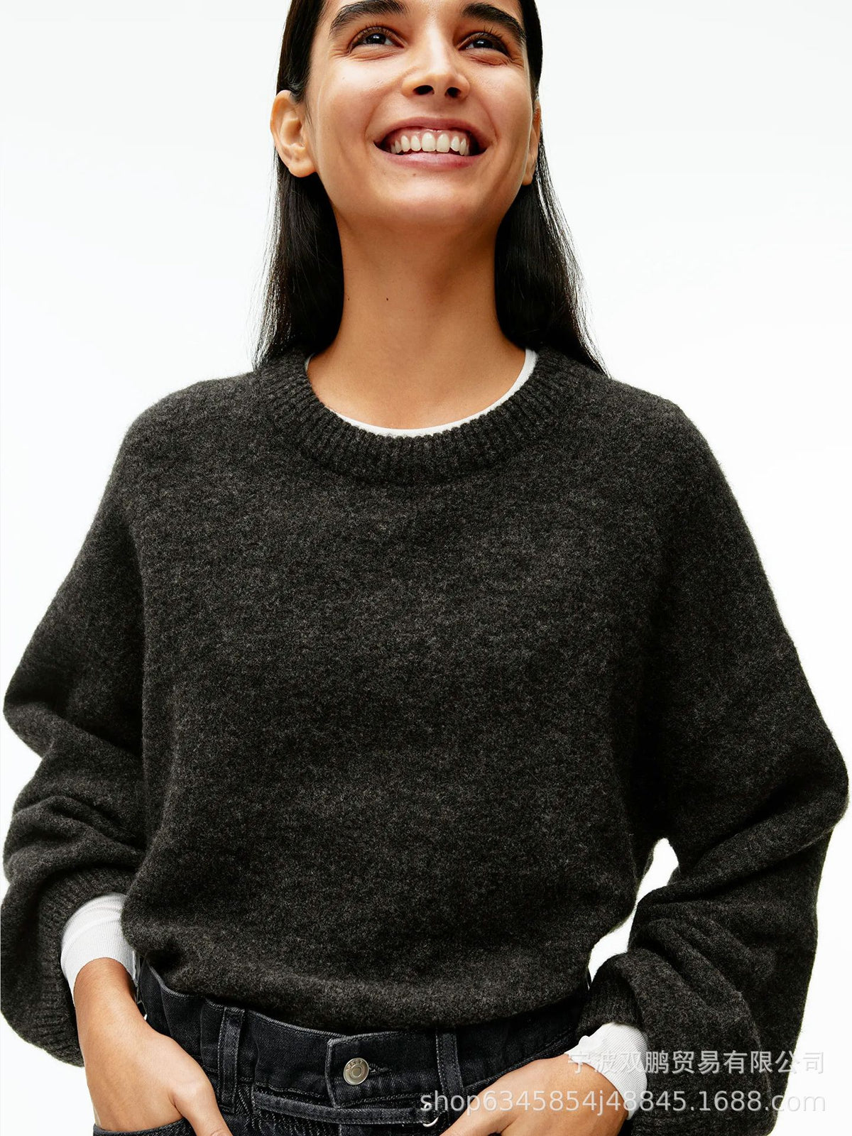 Lazy Soft Style Grey Crew Neck Knit Sweater Women Loose Thickened Merino Wool Pullover