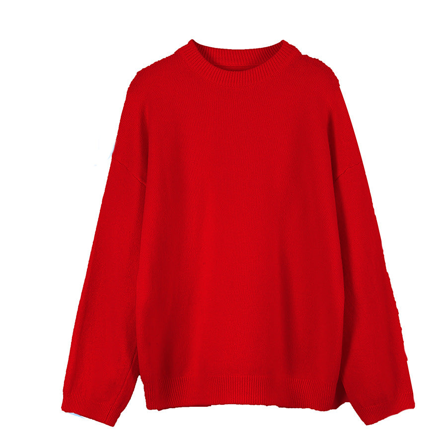 Lazy Soft Style Grey Crew Neck Knit Sweater Women Loose Thickened Merino Wool Pullover