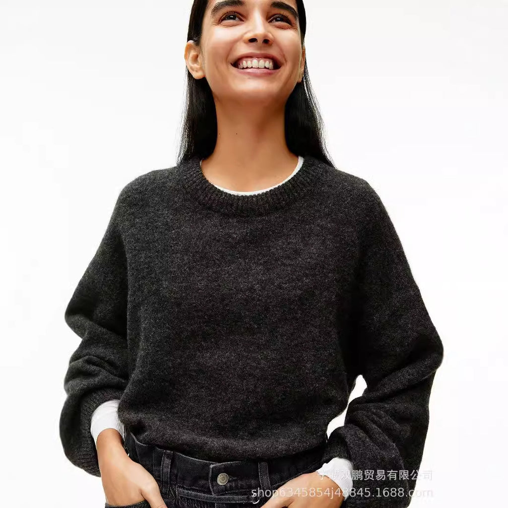 Lazy Soft Style Grey Crew Neck Knit Sweater Women Loose Thickened Merino Wool Pullover