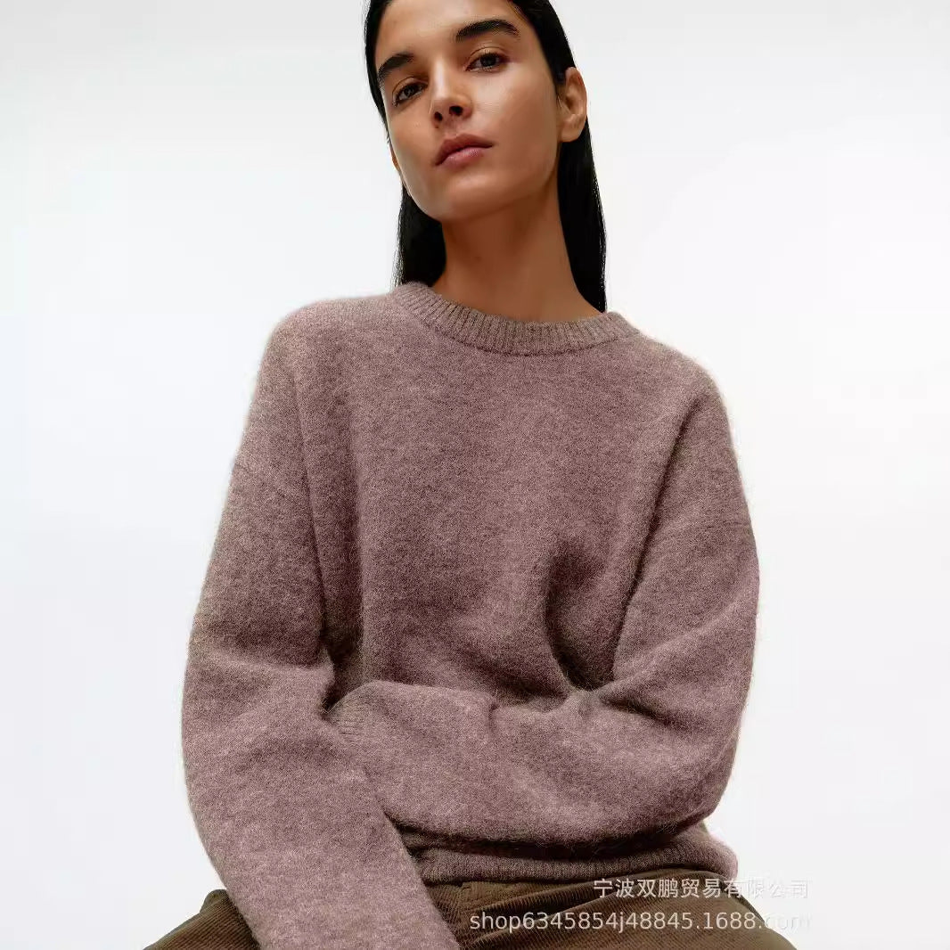 Lazy Soft Style Grey Crew Neck Knit Sweater Women Loose Thickened Merino Wool Pullover