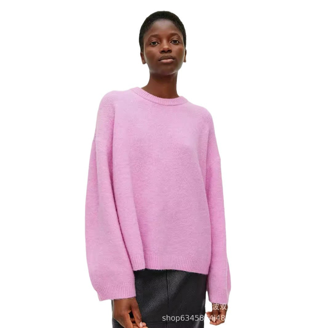 Lazy Soft Style Grey Crew Neck Knit Sweater Women Loose Thickened Merino Wool Pullover