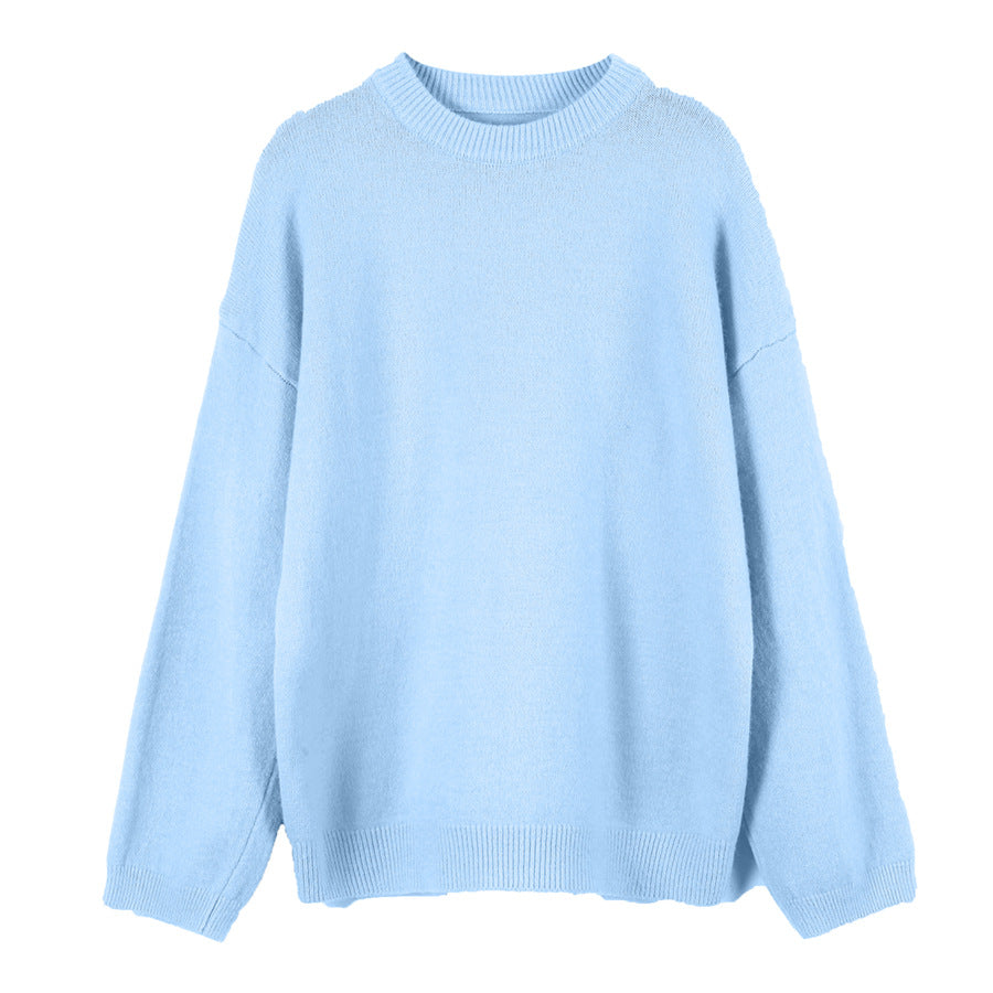 Lazy Soft Style Grey Crew Neck Knit Sweater Women Loose Thickened Merino Wool Pullover